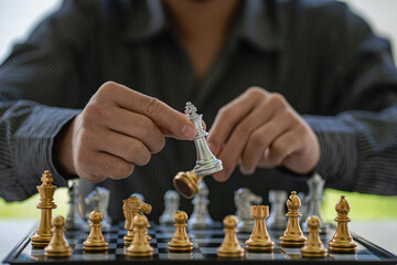 Businessman moving chess pieces on chess board game ideas for ideas and competitions and...