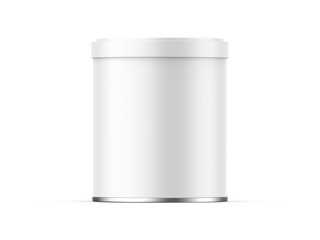 White blank metallic tin can mockup on isolated white background, 3d render illustration