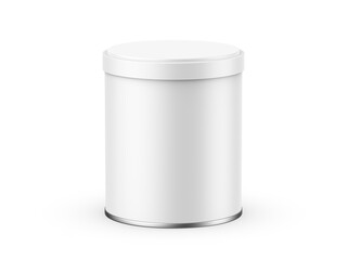 White blank metallic tin can mockup on isolated white background, 3d render illustration