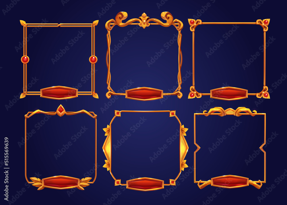 Poster golden vintage game frames, ui medieval square borders of gold metal with gems and red buttons. cart