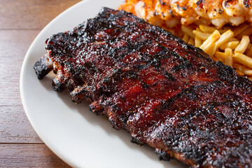 A view of a plate of pork ribs.