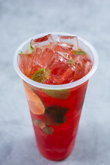 A view of a watermelon mint fruit tea beverage.