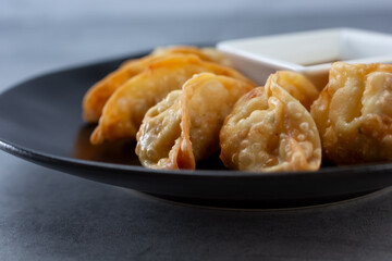 A closeup view of a plate of gyoza.