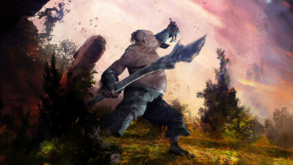 Naklejka premium A giant troll with a huge spear in his hand is fighting with people in a forest clearing against the background of dawn. his body is covered with tattoos and scars. epic fantasy battle. 2d art