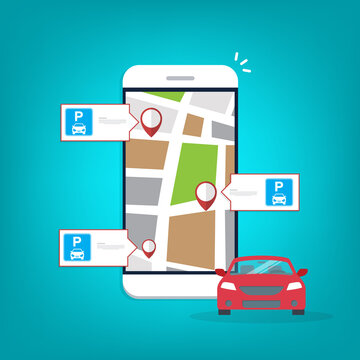 Online application for finding parking spaces, city parking. Smart city parking mobile app concept. Urban traffic technology, vector illustration.