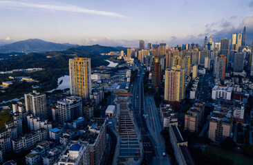 Fototapeta na wymiar Aerial footage of landscape in downtown of shenzhen city, China