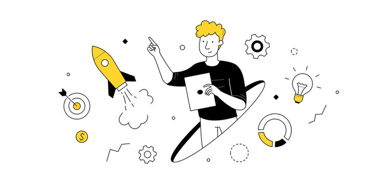 Business startup, project launch, successful idea presentation doodle concept with businessman and flying rocket with infographic icons around. Goal achievement, boost Linear vector illustration
