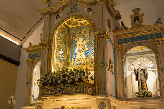 Pangasinan, Philippines - The ivory, bejewelled image of Our Lady of Manaoag, inside the main retablo of the shrine.