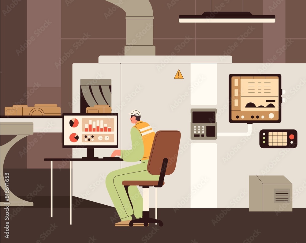 Poster Smart industry worker scanning products on conveyor belt, line with X-ray machine, scanner. Supervisor monitoring data at computer. Quality control at factory concept. Flat vector illustration