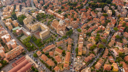 Aerial view of buildings in Garbatella district, Rome, Italy. It is a residential area of ​​the city.