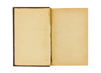 Open book isolated on white background. Yellowed blank pages.