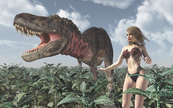 Dinosaurier Tarbosaurus und junge Frau in einer Landschaft