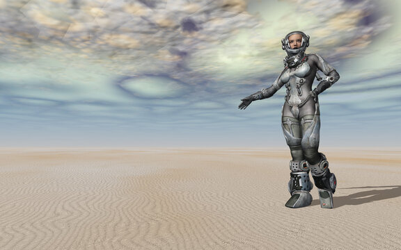 Astronautin in einer außerirdischen Wüstenlandschaft