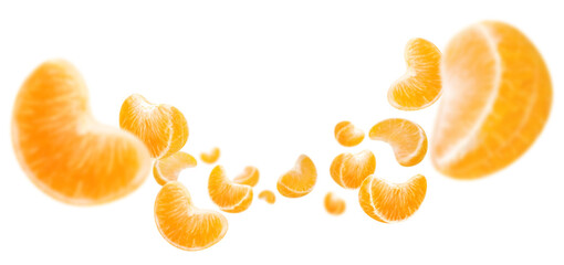 Flying tangerines, isolated on white background