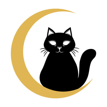Black magic witch cat sitting on golden yellow crescent moon boho flat vector design.