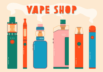 Vape shop colorful set. Electronic cigarettes and vape set. Modern vector illustration. Variety of designs vape pens and pod mods. Flat vector design for web.