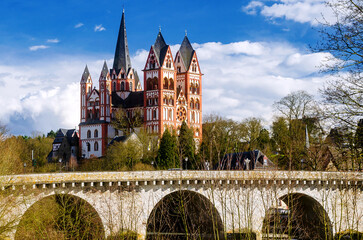 Limburg Cathedral (Limburger Dom, Georgsdom) above the old town of Limburg at Lahn river in the...