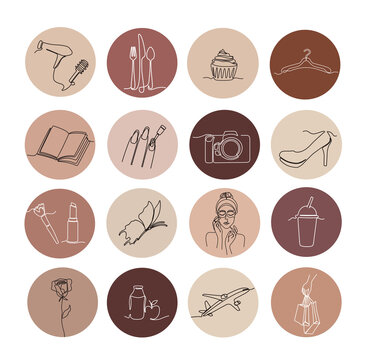 One Line Instagram Lifestyle Highlight Icon Set. Hand Drawn Story Covers For Social Media