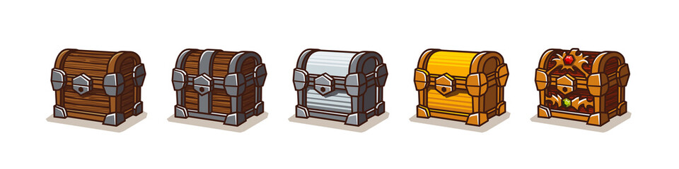 Treasure chests, trunks, boxes of wood, silver and gold with forgery and gem stones or crystals decor. Trophy, game assets, level reward. Pirate loot, gui elements, Cartoon vector illustration, set