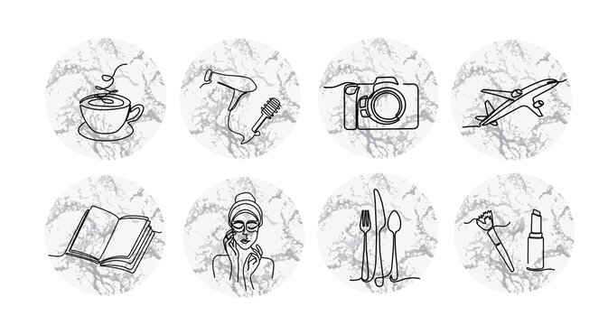 Instagram marble lifestyle highlight icon set. Hand drawn neutral story covers for social media