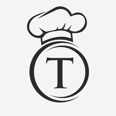 Letter T Restaurant Logo Template.  Restaurant Logo Concept with Chef Hat Symbol Vector Sign