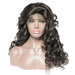 spiral loose wavy black human hair weaves extensions lace wigs on a mannequin head
