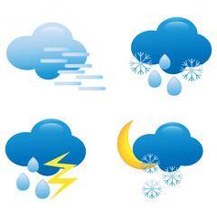 Colorful Weather icon set. Forecast weather flat symbols. Meteorology and climate design elements isolated on white background.Contains icons of the fog, clouds, moon, snowflake and lightning.