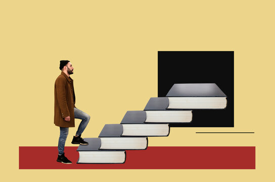 Digital Collage With A Man In A Hat And Coat Climbs The Stairs From The Books	