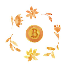 bitcoin in a golden watercolor wreath of flowers and leaves