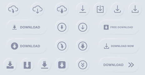 Download Button Line and Silhouette Icon Set. Down Load Web App, File, Video, Document Pictogram in Neumorphism Style. Cloud, Circle, Arrow Down Upload Concept Symbol. Isolated Vector Illustration