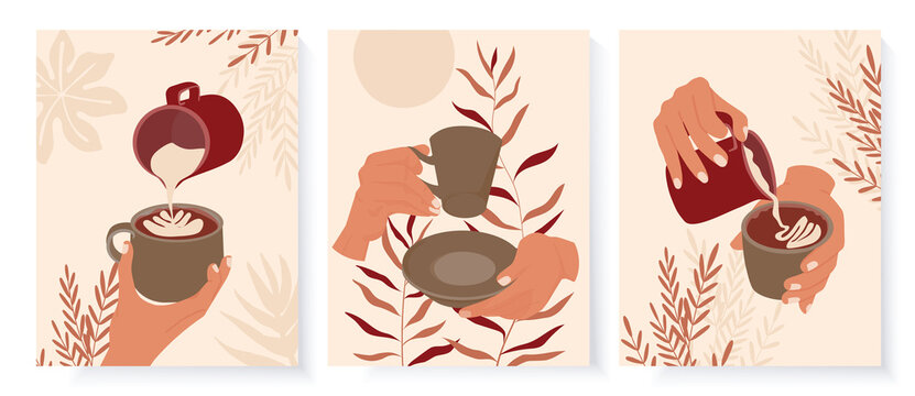 Hands with coffee mug and jug. Barista prepares coffee with milk. Set of abstract posters in minimalist boho retro style.