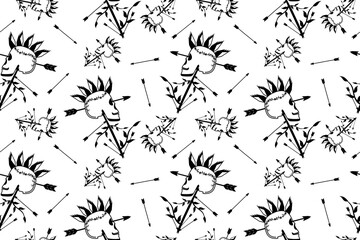 Seamless vector pattern with human skulls and arrows. Scary monochrome illustration for print and decoration.