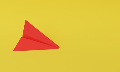 Red paper plane on yellow background. 3d illustration.