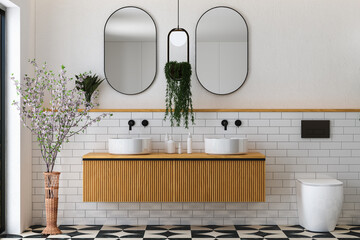 Realistic render of white sink on a wooden countertop in a bathroom interior with tiles, mirror and plants. 3d rendering

