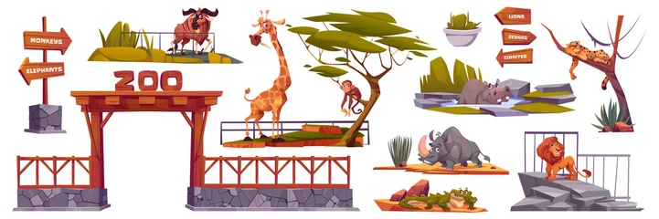 Fotobehang Zoo landscape elements, cartoon vector set, entrance with wooden arch, fence and african animals. Zoological park collection with wood arrows pointers on pole, pond with hippo and green plants © klyaksun