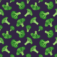 Obraz premium Seamless pattern with green ripe broccoli. Vector pattern on a blue background in a flat style.