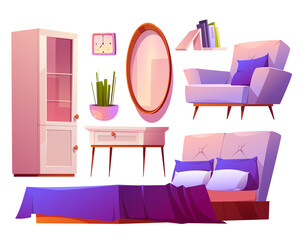 Pink bedroom interior set with purple decor. Room collection of modern furniture, mirror, bed, armchair, table and cupboard. Feminine design for girl, hotel suit apartment. Cartoon vector illustration