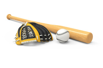 Baseball equipment isolated on white background. Close-up sports equipment. Baseball bat, ball, and glove.