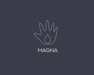 Continue thin line art of hand holding a drop logo template. Premium water, clean, moisture vector sign symbol logotype.