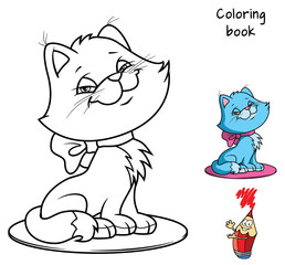 Sitting cute cat with bow. Coloring book