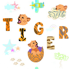 Set of cartoon tiger, wildlife seamless pattern, tiger vector set