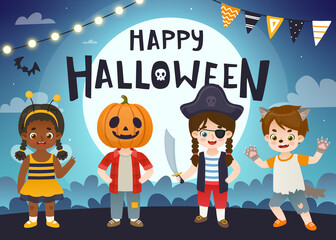 Halloween kids dressed up in costumes. Cute cartoon children on halloween night carnival.