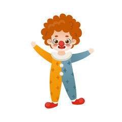 Cute cartoon kid in clown costume. Dressed up funny clown boy with red hair.