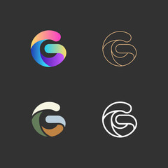 Collection of abstract G letters. Colorful and outline icons, signs design concept isolated on dark background. Vector illustration.