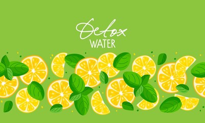 Detox water label. Seamless Citrus fruit with mint leaves pattern. Fruit and leaf border on green background. Flat vector illustration For cafe menu, pack design, print design, poster, web banner