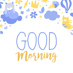 Cute Blue Good Morning Text Card Design Vector Template