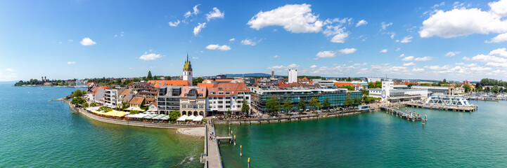 Friedrichshafen waterfront panorama with port harbor at lake Constance Bodensee travel traveling from above in Germany - obrazy, fototapety, plakaty