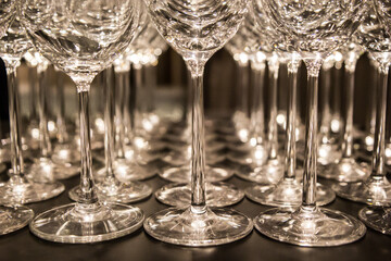 empty champagne glasses arranged in rows on catering service banquet