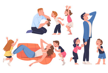 Tired Parents Exhausted with Noisy and Energetic Kids Playing Around Vector Set
