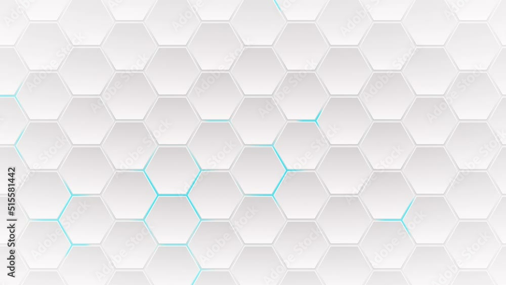 Poster abstract technological background white hexagons with blue glow. seamless loop